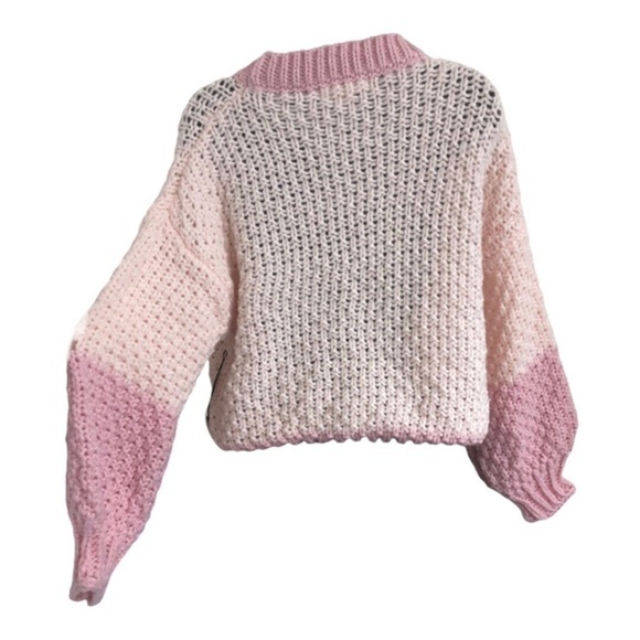 Shades of pink crochet waffle knit chunky cuffed sleeve sweater size large new - Picture 12 of 13